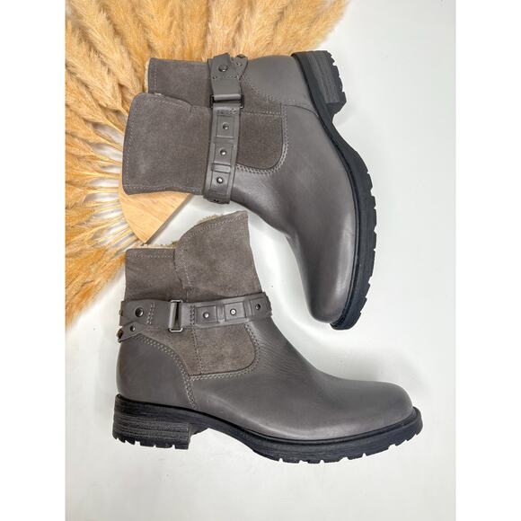 Earth Artistic Onyx Stone Grey Leather Suede Moto Ankle Boots Size 8.5 Buckle - Picture 1 of 8